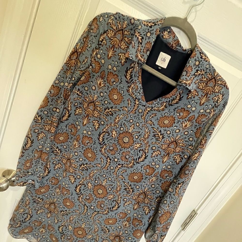 CAbi Provincial Blue Floral Tunic Dress Womens small Style 3295 V Neck Shift
